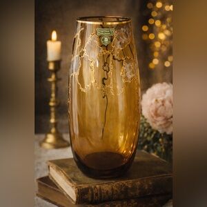 One Of A Kind Egermann Bohemian Crystal Amber Vase Adorned W/ Hand Painted Gold